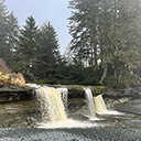 Sandcut Beach Falls can be seen from high vantage point along the beach
